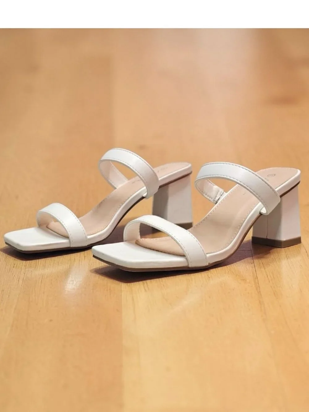 White Faux Leather Block Heel Sandals With Double Straps & Square Toe For Women - Picture 2 of 15